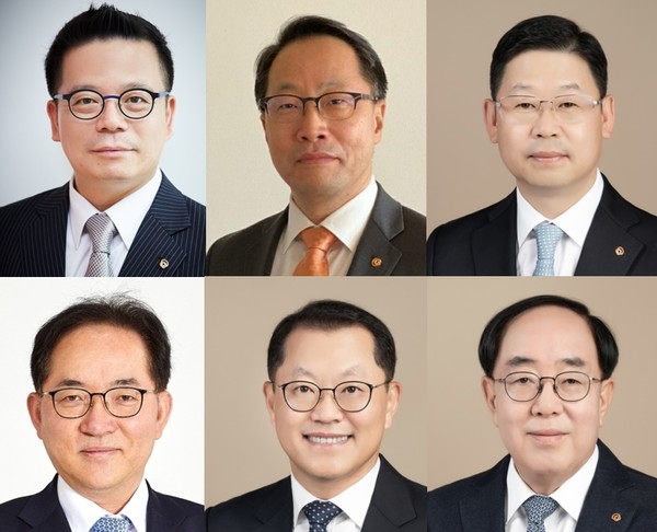 왼쪽부터 순서대로 한화시스템 어성철 대표, 한화솔루션 케미칼 부문 남이현 대표, 한화솔루션 큐셀 부문 이구영 대표,한화저축은행 홍정표 대표, 한화종합화학 김희철 대표, 한화건설 최광호 대표이사 부회장. 사진=한화