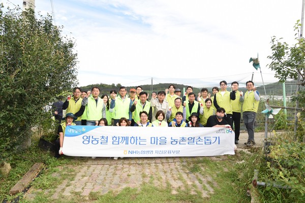 지난 28일 NH농협생명 자산운용부문 임직원 30여명이 경기도 수원시 하광교동 블루베리 농장을 찾아 수해복구와 농가 일손돕기를 실시했다. 사진=NH농협생명