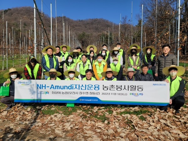 NH-Amundi자산운용이 포천 사과농가 농촌일손돕기를 실시했다. 사진=NH-Amundi자산운용
