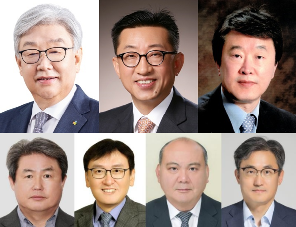 (윗줄 왼쪽부터) 김정남 DB 보험그룹장 부회장, 고원종 DB 금융그룹장 부회장, 이재형 DB 제조서비스그룹장 부회장, (아래줄 왼쪽부터) 정종표 DB손해보험 대표이사 사장, 곽봉석 DB금융투자 대표이사 사장, 조기석 DB하이텍 파운드리사업부 대표이사 사장, 황규철 DB하이텍 브랜드사업부 대표이사 사장. 사진=DB그룹