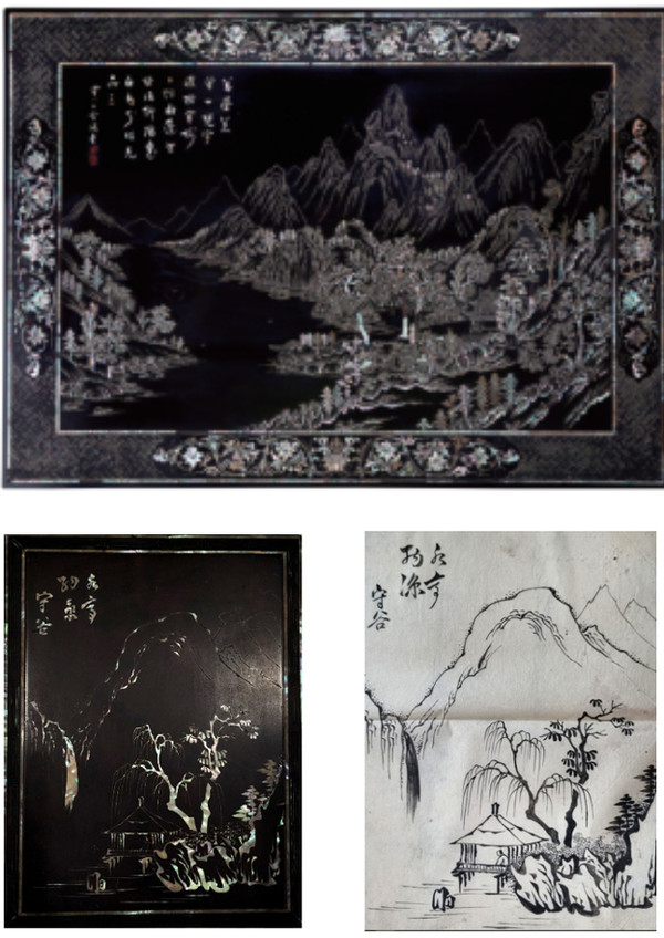 나전칠 산수문 탁자(1937년 조선미술전람회 입선작·上)와 나전칠 산수문 벼루함과 도안. 사진 제공=서울공예박물관