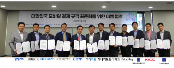 국내 8개 카드사와 3개 VAN사(부가가치 사업망), 카카오페이가 함께 모바일 결제 공통 규격 추진을 위한 전략적 업무협약(MOU)을 체결했다. 사진=여신금융협회