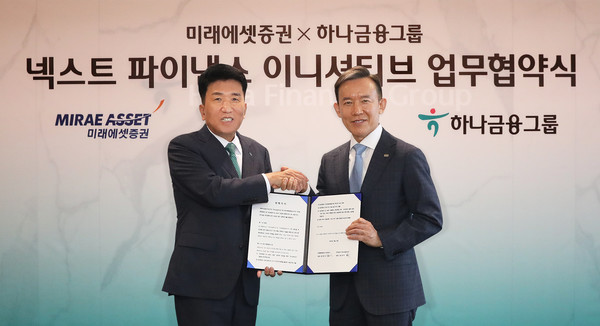 업무협약식에 참석한 함영주 하나금융그룹 회장(왼쪽)이 최현만 미래에셋증권 회장과 업무협약서를 들고 기념촬영을 하고 있다. 사진=하나금융지주