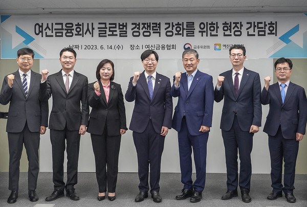 금융사 글로벌 진출 활성화 간담회에서 우상현 BC카드 부사장(왼쪽 첫 번째), 김소영 금융위원회 부위원장(왼쪽 네 번째), 정완규 여신협회장(왼쪽 다섯 번째)이 기념촬영을 하고 있다. 사진=BC카드