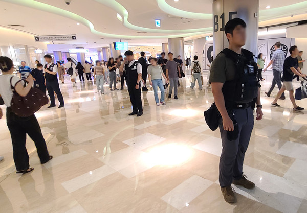 롯데월드몰 입구에 배치된 순찰 인력이 방검복, 가스총, 삼단봉 등을 휴대·무장한 채 고정 배치돼 있다. 사진=김하늘 기자