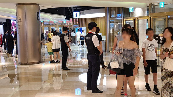 롯데월드몰 출입구에 무장한 순찰 인력이 고정 배치돼 있다. 사진=김하늘 기자