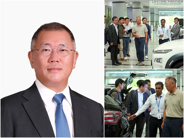 정의선 현대차 그룹 회장 프로필(왼쪽)과 현대차·기아 인도기술연구소에서 현대차·기아 및 경쟁사 전기차들을 둘러보고 있는 모습. 사진=현대차그룹