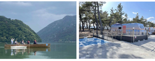 열린관광지인 춘천 의암호 킹카누(왼쪽)와 강릉 연곡해변 캠핑장 유니버설디자인 카라반. 사진 제공=문체부