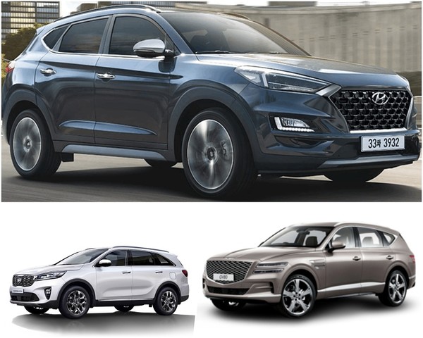 2020년식 싼타페(위)·투싼(아래 왼쪽) ·GV80 모델. 사진=각 사