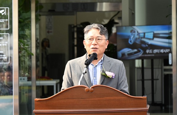  5일 광역서비스센터(군포) 준공식에서 곽재선 KG모빌리티 회장이 기념사를 하고 있다. 사진=KG모빌리티