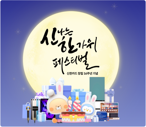 신한카드는 추석 명절과 16주년 창립기념일을 맞아 추첨을 통해 다양한 경품을 증정하는 '창립 16주년 기념 신나는 한가위 페스티벌'을 진행한다. 사진=신한카드