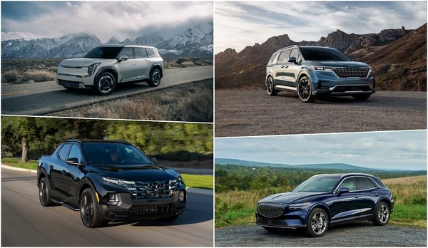 (왼쪽 위 시계방향) 기아 EV9, 기아 카니발, 현대차 싼타크루즈, 제네시스 GV70 사진=현대차 그룹​