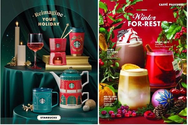 스타벅스 크리스마스 상품(왼쪽)과 파스쿠찌 크리스마스 시즌 음료(오른쪽). 사진=각 사