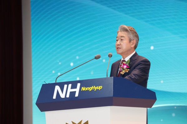 11일 서울 중구 농협중앙회 본관에서 열린 '강호동 제25대 농협중앙회장 취임식'에서 강호동 회장이 취임사를 하고 있다/사진제공=농협중앙회