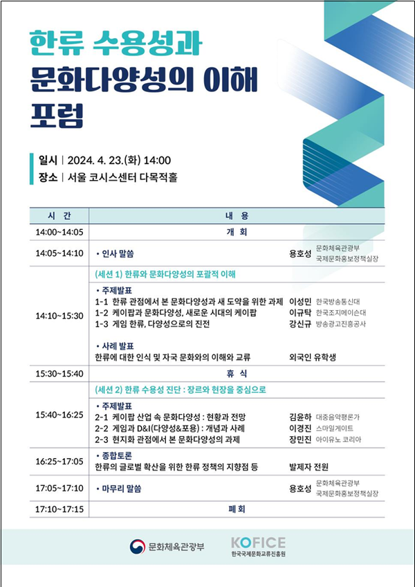 23일 서울 중구 코시스센터에서 열리는 '한류 수용성과 문화다양성의 이해 포럼' 포스터. 사진 = 문화체육관광부 