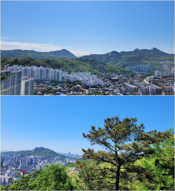 전망대에서 바라본 북악산, 인왕산(위), 전망대에서 바라본 안산(아래). 사진 = 안병국 객원기자