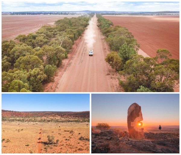 뉴사우스웨일스 헤이(위쪽), 리빙 데저트 석양 조각상, 노던테리토리 앨리스 스프링스 모습. 사진=호주관광청, 뉴사우스웨일스주 관광청