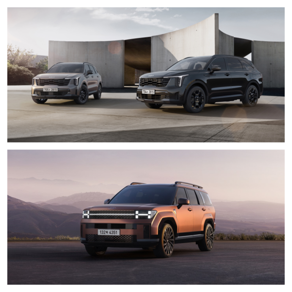 (위쪽부터)기아의 'The 2025 쏘렌토'와 현대차 '2025 싼타페'. 사진=현대차·기아