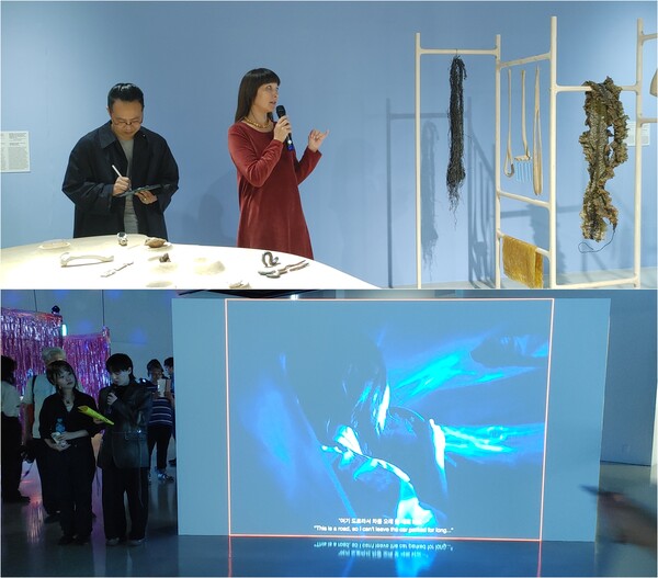 25일 서울 종로구 아르코미술관에서 '인투 더 리듬: 스코어로부터 접촉지대로' 참여 작가들이 자신의 작품을 설명하고 있다. 상단 오른쪽 마야 민더 작가, 하단 오른쪽 야광(팀)의 김태리 작가. 사진 = 이하영 기자 