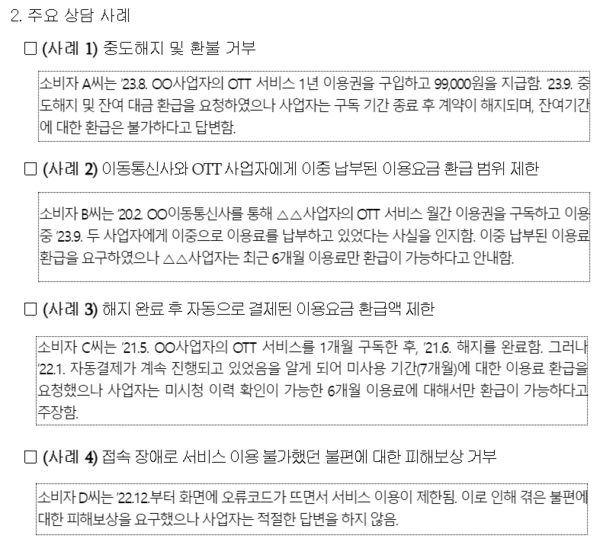 한국소비자원 소비자상담센터에 접수된 OTT 관련 상담 사례. 사진 = 한국소비자원