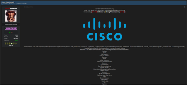 해커는 시스코와 고객사의 내부 데이터 탈취에 성공했다고 주장했다. 사진=해킹포럼