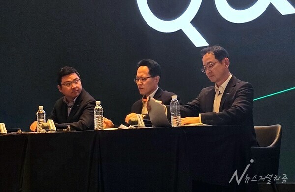 (왼쪽부터) 류정훈 두산로보틱스 대표이사 부사장, 박상현 두산에너빌리티 대표이사 사장, 스캇박 두산밥캣 대표이사 부회장. 사진=장하민 기자