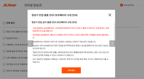 리튬 배터리 관련 강화 규정에 대한 탑승객들의 동의 절차가 추가된 제주항공 모바일 체크인 동의서. 사진=제주항공