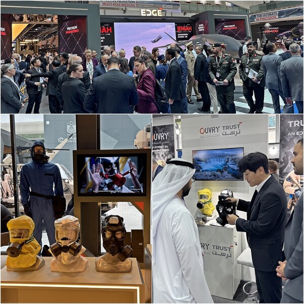 국제 방산 전시회(IDEX 2025)에 참가한 엣지(EDGE) 그룹관 전경과 한컴라이프케어 제품 전시 모습. 사진=한컴라이프케어