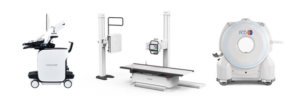 삼성 의료기기 ECR 2025 전시 제품. 좌측부터 초음파 진단기기 'RS85', 디지털 엑스레이 'GF85', 모바일CT '옴니톰 엘리트 PCD(OmniTom Elite PCD)'. 사진=삼성메디슨