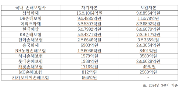 ​2024년 3분기 기준 국내 손해보험사 자기자본·보완자본 비교 통계. 자료 총합=이상현 기자​