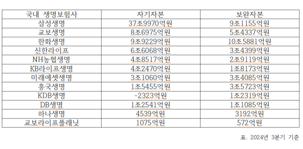 ​2024년 3분기 기준 국내 생명보험사 자기자본·보완자본 비교 통계. 자료 총합=이상현 기자​