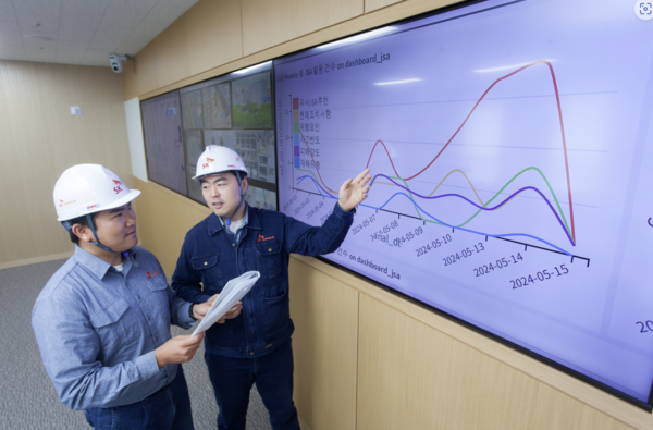 SK케미칼 구성원들이 안전 관리 시스템을 살펴보고 있다. 사진=SK케미칼