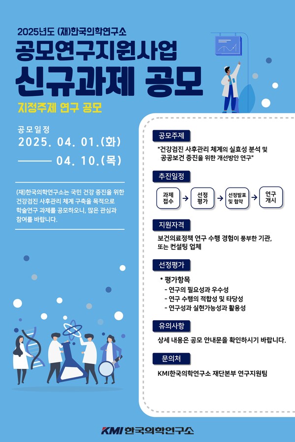 KMI한국의학연구소가 '2025년도 제1차 지정 연구과제 공모'에 참여할 연구자를 공개 모집한다. 사진=KMI한국의학연구소