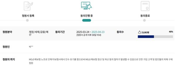 MG손해보험 사태 고객 피해에 관한 청원 현황. 사진=국회전자청원 홈페이지 갈무리