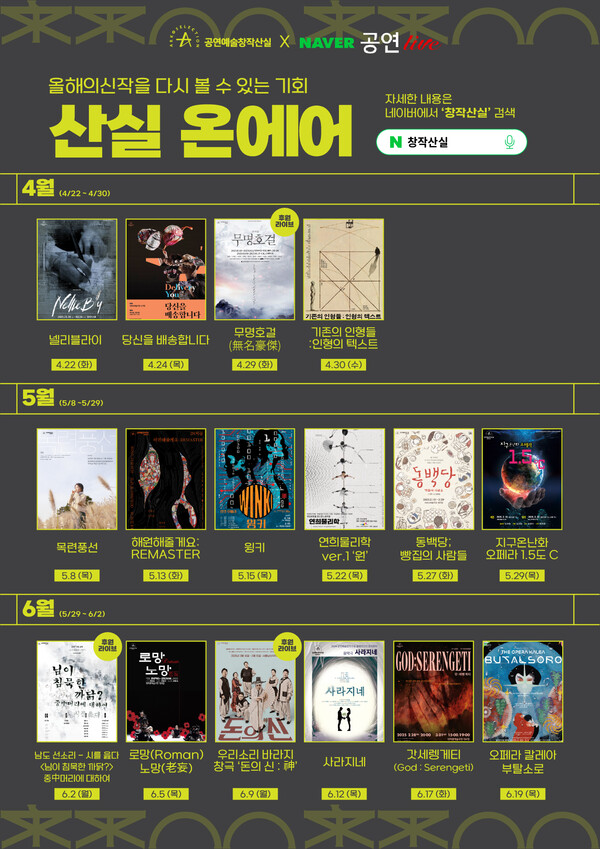 17회 창작산실 '산실 온에어' 네이버TV 중계 라인업. 사진=한국문화예술위원회