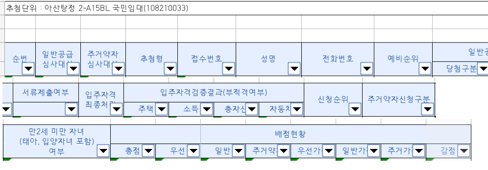 LH 홈페이지를 통해 유출된 아산탕정2 A15BL 국민임대 지원자 개인정보 목록. 사진=인터넷 커뮤니티 갈무리