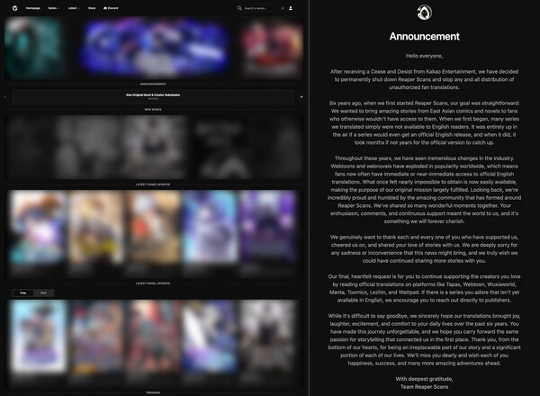 리퍼스캔스 웹사이트 화면(왼쪽)과 리퍼스캔스 폐쇄 공지. 사진=카카오엔터테인먼트