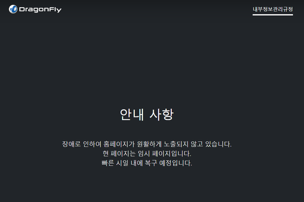 임시페이지로 대체된 드래곤플라이 홈페이지. 사진=드래곤플라이 홈페이지 캡쳐