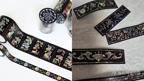 '스테이 앳 홈' 에서 판매하는 자개스티커(왼쪽)와 다이소에서 판매하는 자개 마스킹테이프. 사진=온라인 커뮤니티 캡처