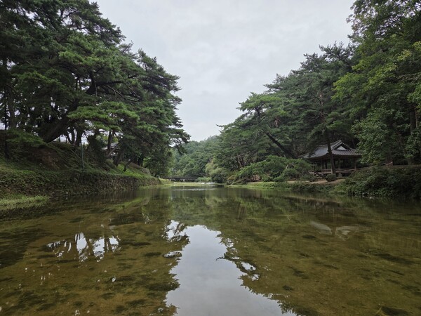 소백산 자락에서 발원해 서원을 휘감듯 흐르고 있는 '죽계천'. 하천 왼쪽으로 '경렴정', 오른쪽으로 '취한대'가 보인다. 사진=신승헌 기자 