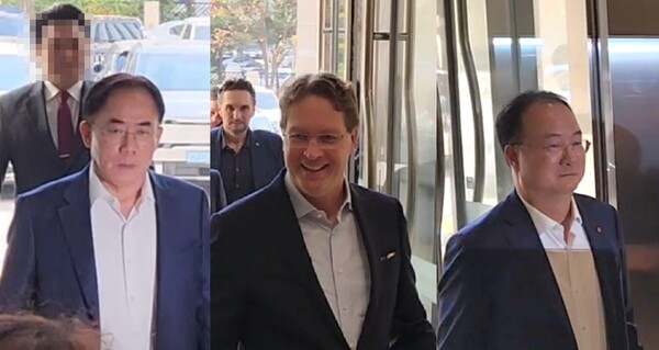 왼쪽부터 정철동 LG디스플레이 CEO, 올라 칼레니우스 메르세데스-벤츠 이사회 회장 겸 CEO, 문혁수 LG이노텍 CEO. 사진=신용준 기자